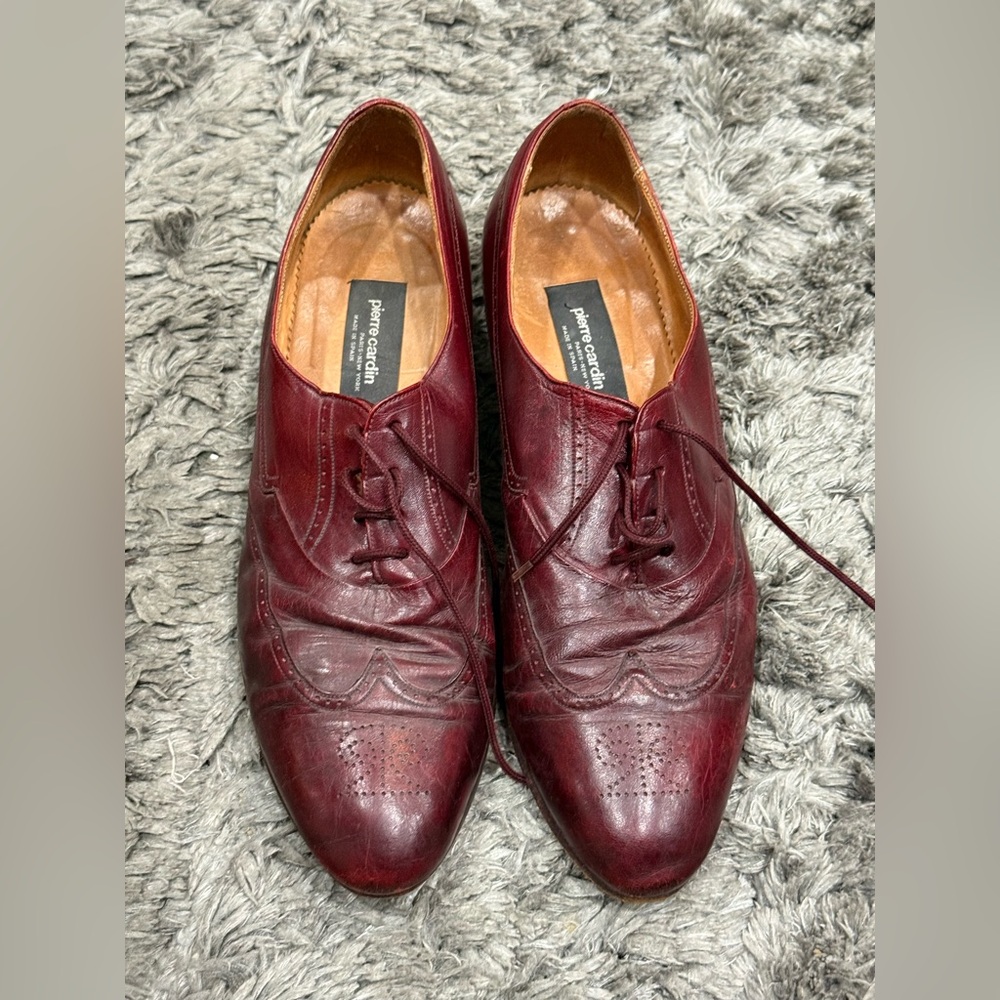 Pierre Cardin Mens Burgundy Leather Brogue Oxford Shoes Size 12M Made In Spain